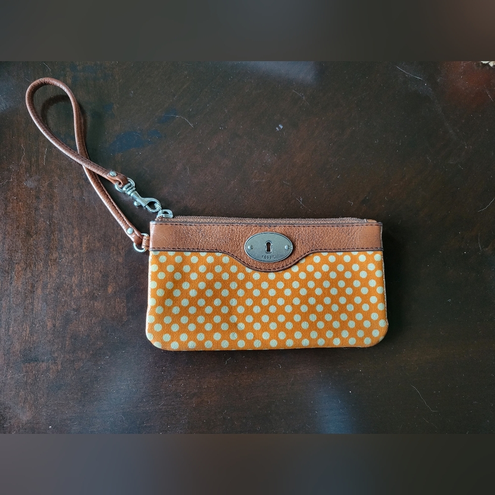 Fossil Brown and Orange Polka Dot Wristlet
